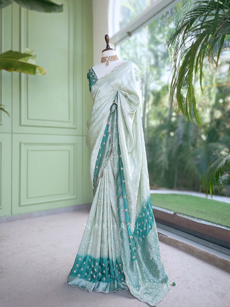 Image of Haritprabha Sage Green Georgette Katan Silk Saree with Running Blouse