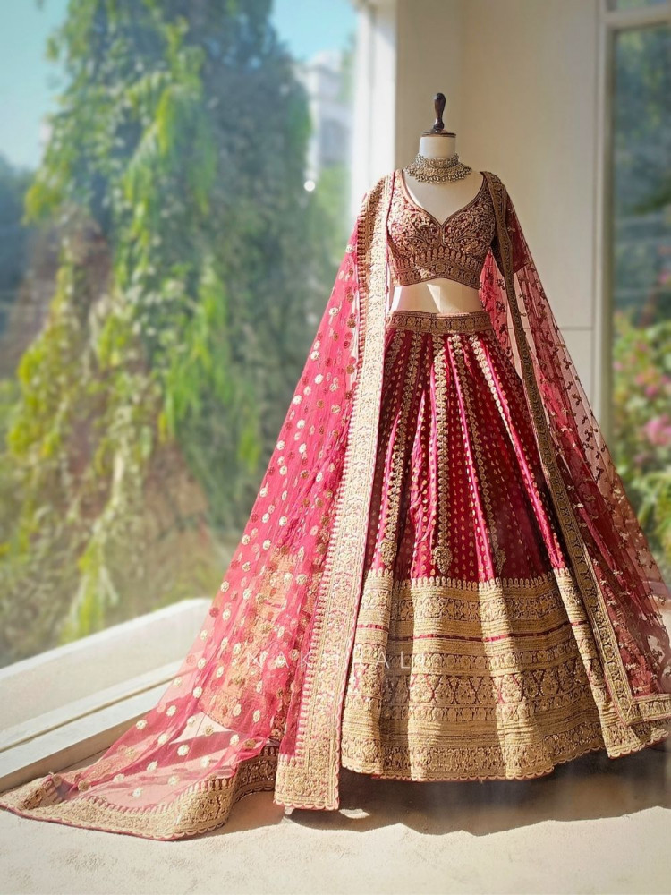 Image of Rivaya Maroon Bridal Lehenga with Zari Sequin and Gota Work