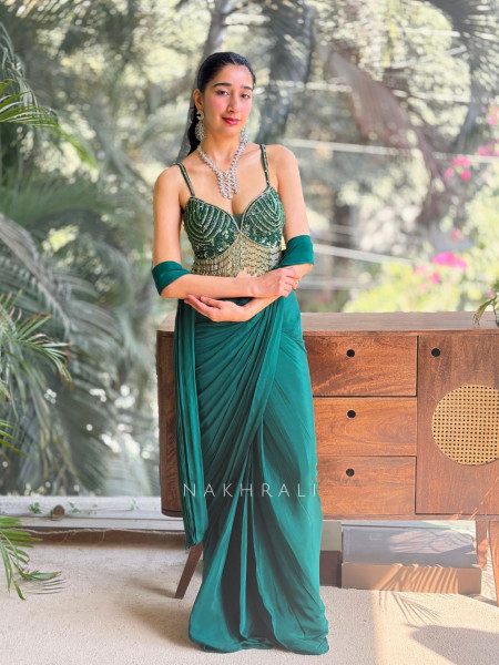 Zarreen Emerald Drape Saree Set with Handworked Blouse