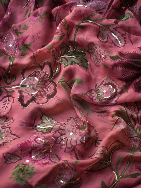 Manoram Pink Floral Printed Saree with Beaded Readymade Blouse