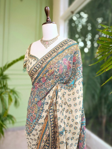 Callista Beige Printed Saree with Zari Sequin Embellishment