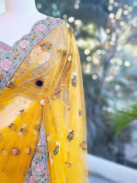 Amber Shine Yellow Net Saree with Zari, Sequins and Thread Embroidery