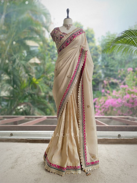 Merona Magenta Saree with Zari Sequin Beads and Cut Dana Work