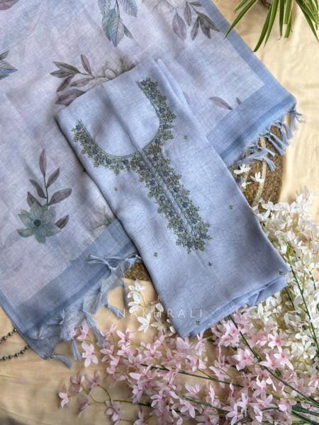 Phoolika Blue & Pink Linen Blend Dress Material