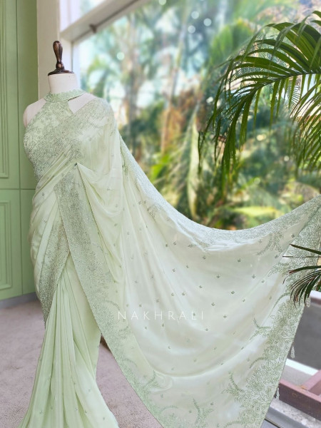 Oshni Light Green Saree with Readymade Halter Blouse