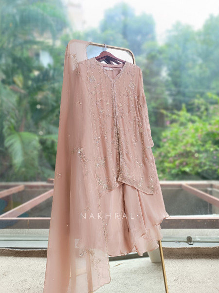 Sorrel Pink Organza Georgette Layered Sharara Suit Set