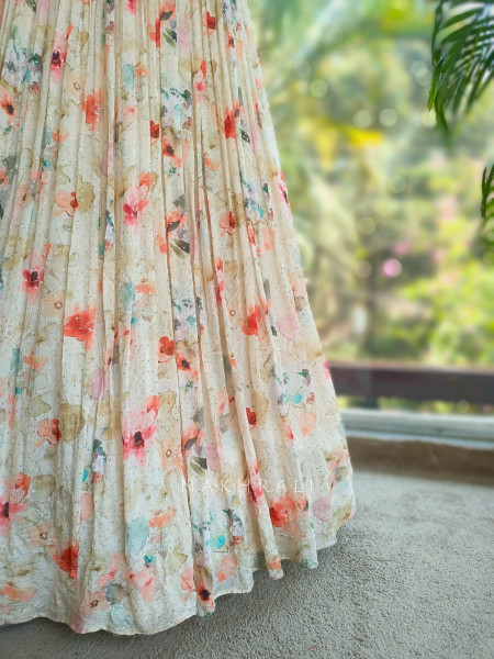Aarvi Cream Floral Printed Lehenga with Sequin Corset Blouse