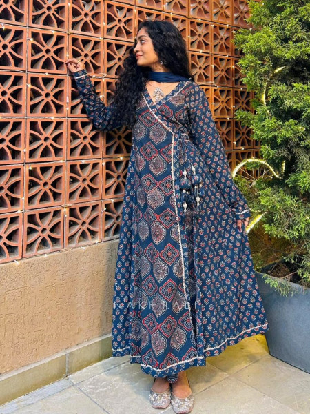 Blue Cotton Ajrakh Print Angrakha Anarkali Suit Set