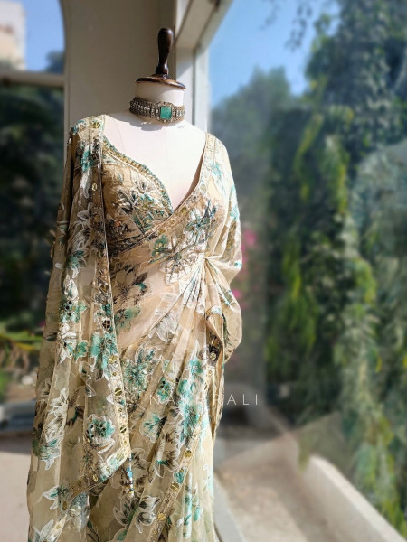 Lily Meadow Cream  Saree with Sequin Floral Work