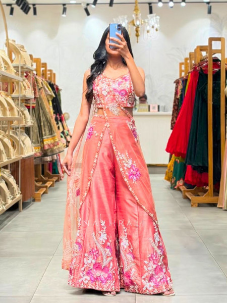 Cressa Brick Crop Top Palazzo Set with Floral Sequin Beads Pearl Work