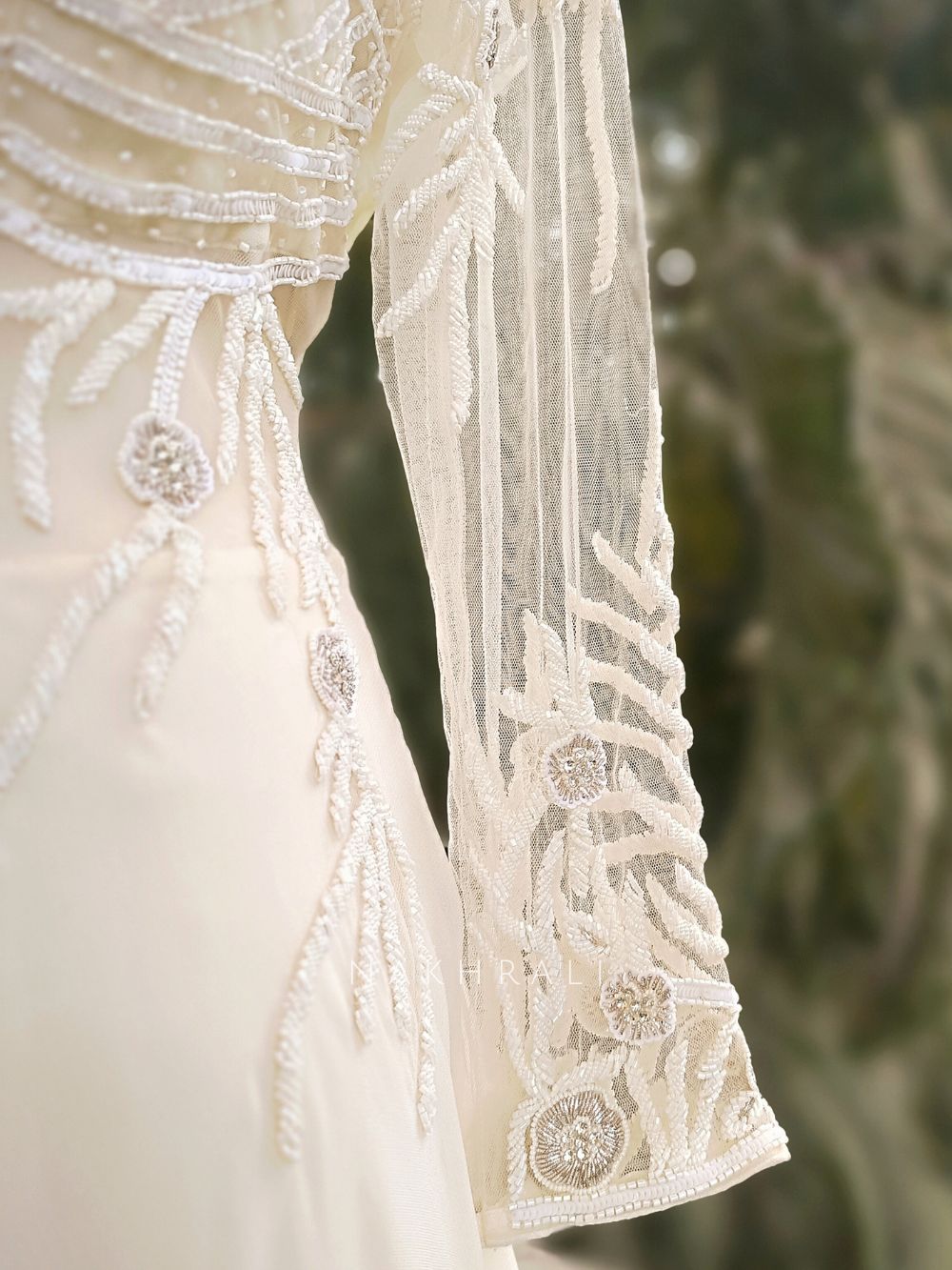 beads work on dress Pearl Mist Off-White Gown with CutDana and Beads Work