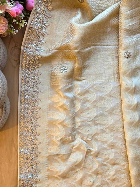 Varnika Cream Banarasi Saree with Gota Border