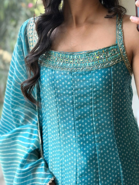 Utsavi Blue Anarkali Suit Set With Bandhani, Gota Patti & Scalloped Zari Work