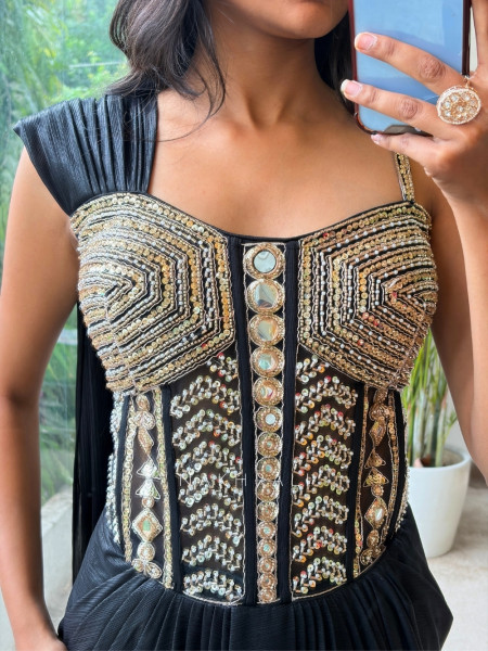 Sohvi Black Drape Gown with Bead, Sequin, Cut Dana and Mirror Work