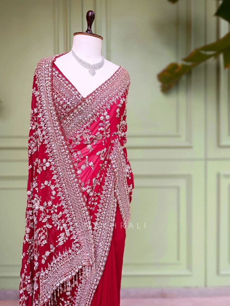 Image of Ketaki Maroon Saree Zardosi Jaal Work
