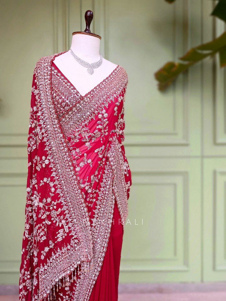 Ketaki Maroon Saree Zardosi Jaal Work