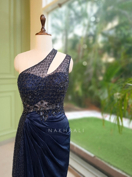 Stellar Navy Blue Cutdana One-Shoulder Ensemble Gown