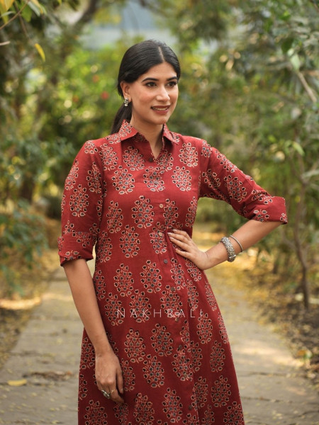 Rihana Red Cotton Block Printed Button-Down Dress