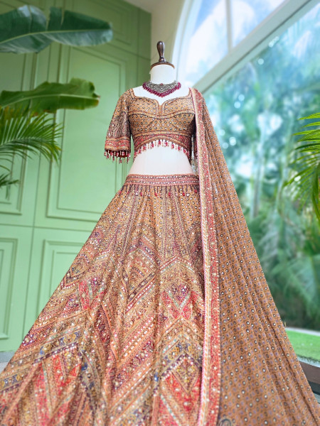 Burnt Orange Silk Lehenga Set With Marodi, Gota Patti & Mirror Work
