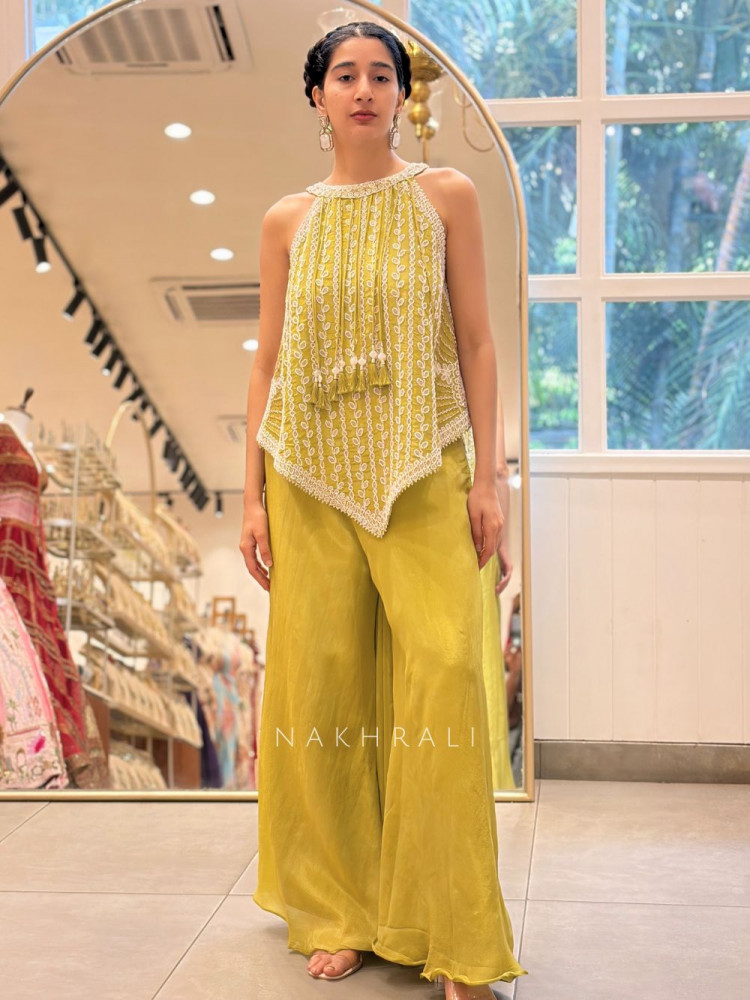 Image of Citrine Parrot Green Indo Western Palazzo Set with Bead Work &amp; Tassel Neck Detail