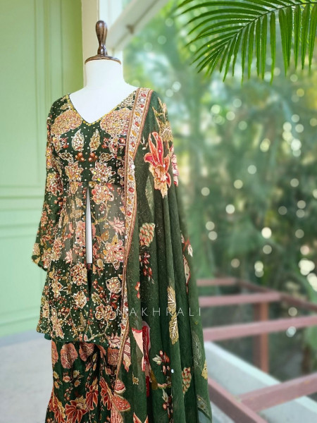 Tamsa Georgette Kurta Palazzo Set With Floral Print with Sequin & Mirror Work