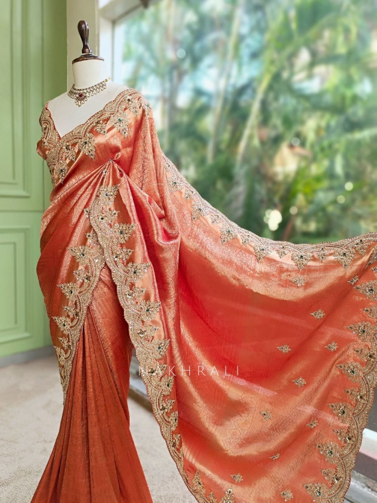 Image of Kashida  Brick Kanjivaram Saree with Zari and Sequin Border