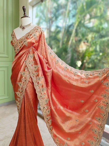 Kashida  Brick Kanjivaram Saree with Zari and Sequin Border