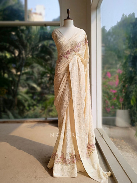 Ecru Grace Cream Embroidered Elegance Saree with Sequin Detailing
