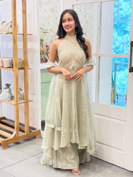 Andaaz Pista Green Halter Neck Palazzo Set with Sequin Embroidery
