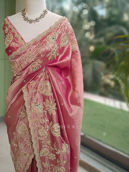 Nishaara Onion Pink Metallic Silk Tissue Saree with Zardozi & Paisley Embroidery