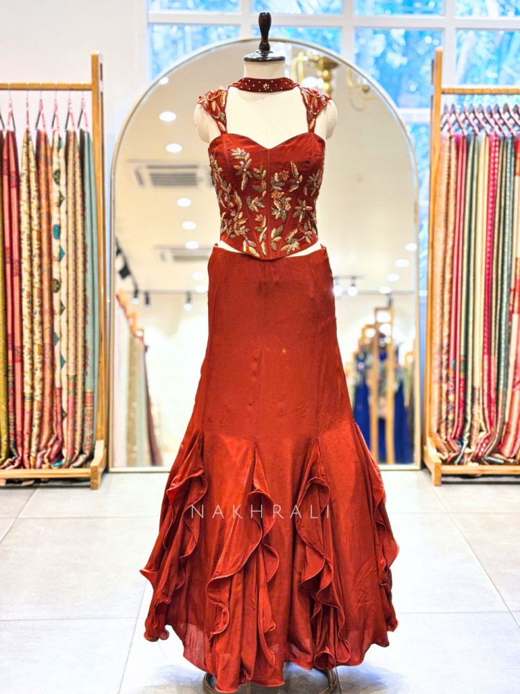 Image of Brielle Brown Corset Lehenga Set with Sequin, Zari and Beads Work