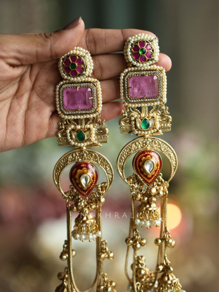 Alora Pink Stone Long Kashmiri Earring