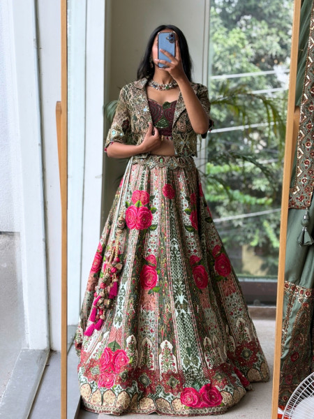 Wildrose Green Indo-Western Jacket Lehenga