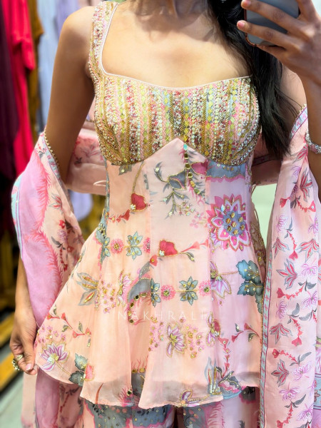 Kymera Pink Printed Palazzo Set with Sequin Cut Dana Work