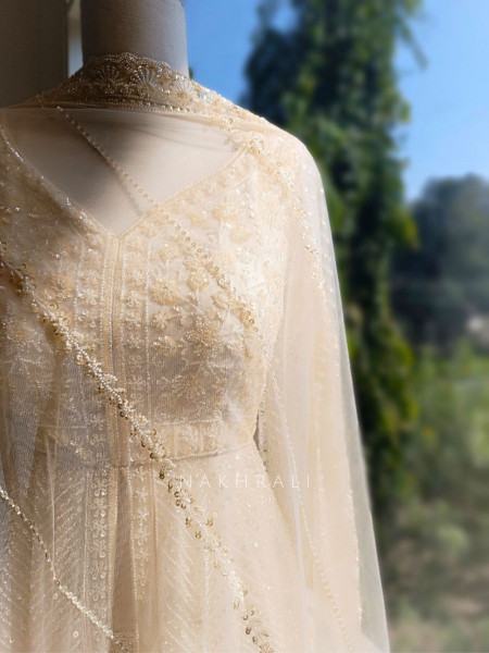Elvya Cream Embroidered Achkan Lehenga Set