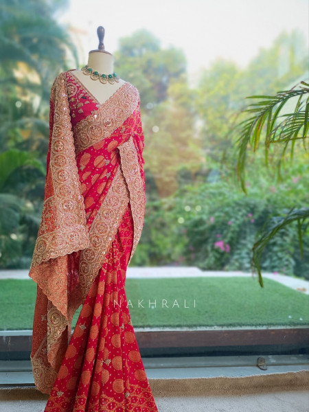 Gazal Red Red Georgette Silk Saree with Bandhani Print