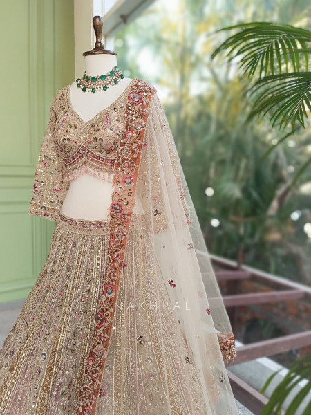 Shararat Beige Net Lehenga Set with Sequin Embroidery