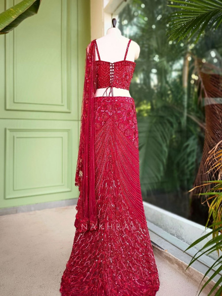 Aarvah Red Pre-Draped Saree with Sequin, Cut Dana & Bead Work