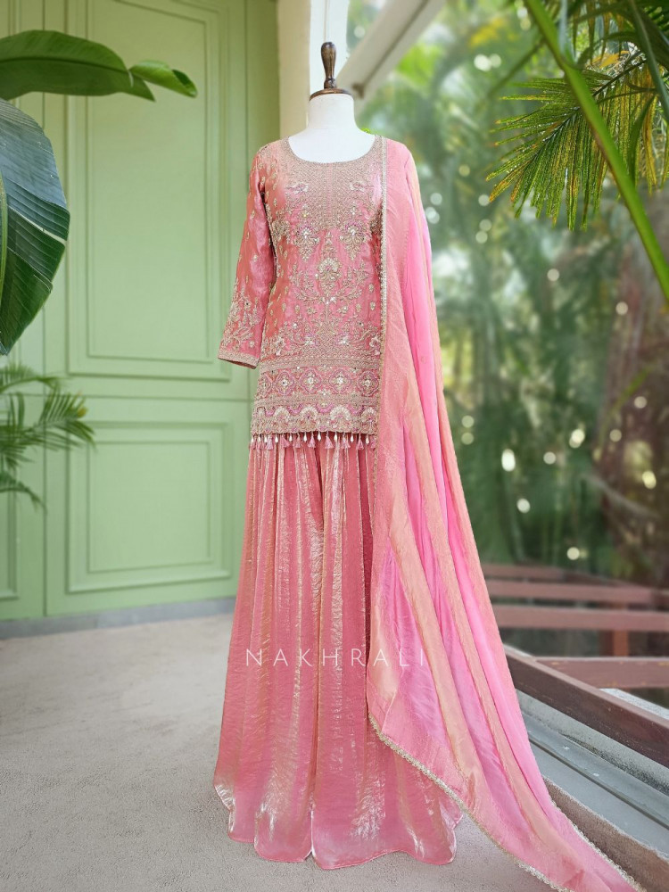 Image of Nirshya Pink Silk Kurta Palazzo Set with Zari Embroidery