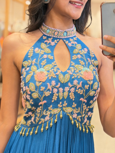 Gulnaz Blue Pleated Halter Gown
