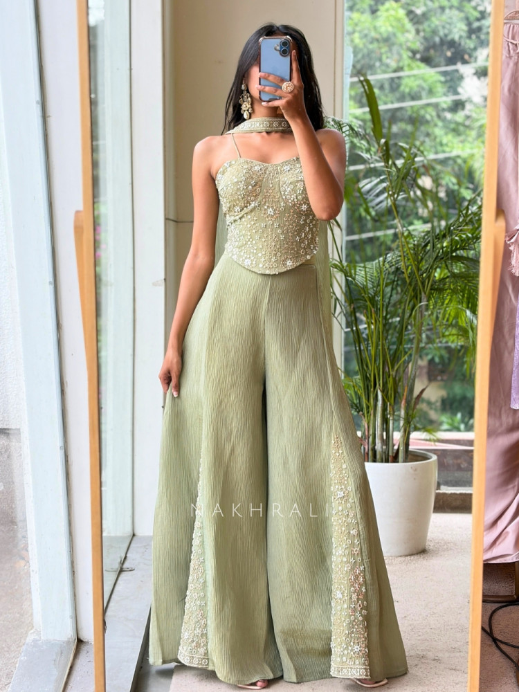 Image of Sylvette Green Georgette Indo-Western Palazzo Set