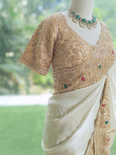 Celestial White Satin Silk Saree With Red Embroidered Dupatta