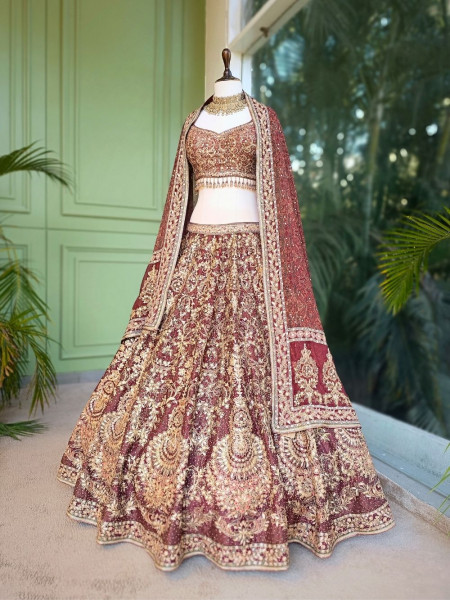 Evara Wine Bridal Lehenga with Gota Patti and Bead Work