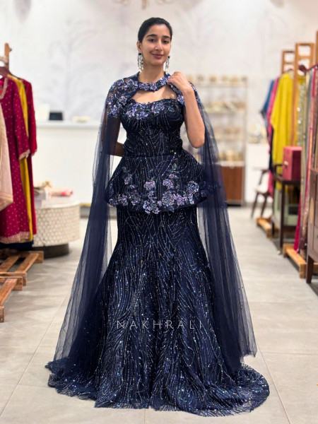 Luna Dark Blue Peplum Indo-Western Lehenga