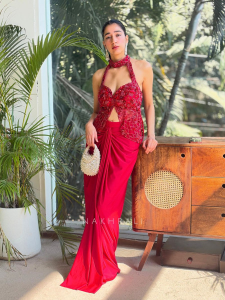 Rivya Embroidered Halter Crop Top with Draped Skirt Set