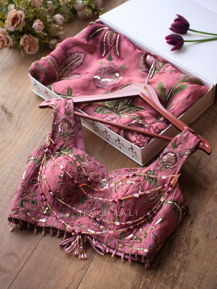 Image of Manoram Pink Floral Printed Saree with Beaded Readymade Blouse