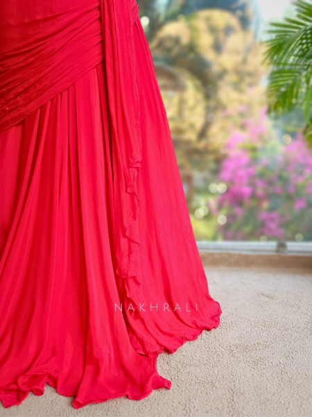Navira Red Indo Western Draped Dress with Zari Cut Dana and Sequin Work