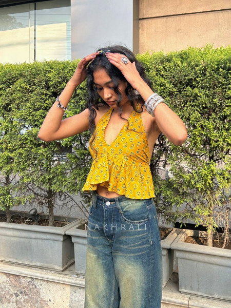 Roselle Frill Yellow Printed Crop Top