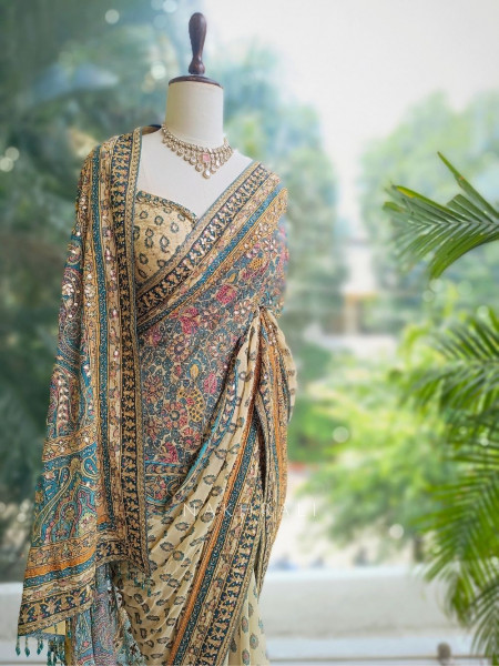 Callista Beige Printed Saree with Zari Sequin Embellishment