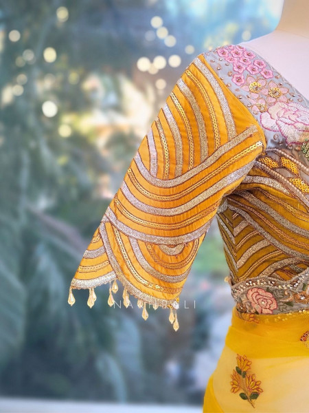 Amber Shine Yellow Net Saree with Zari, Sequins and Thread Embroidery